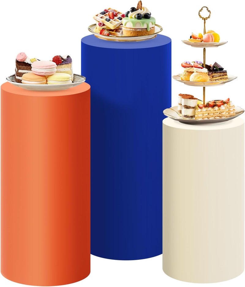 SaitiMade Set of 3 Beige Orange Blue Cylinder Pedestal Stand Covers, 3pcs Spandex Mixed Colors Cylinder Stand Covers for Party, Wedding or Birthday Event Decor (Only Contains Colorful Cylinder Covers) - Image 1